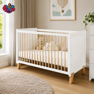 TINNIES WHITE WOODEN BABY COT – 2-IN-1 CONVERTIBLE WITH MOSQUITO NET