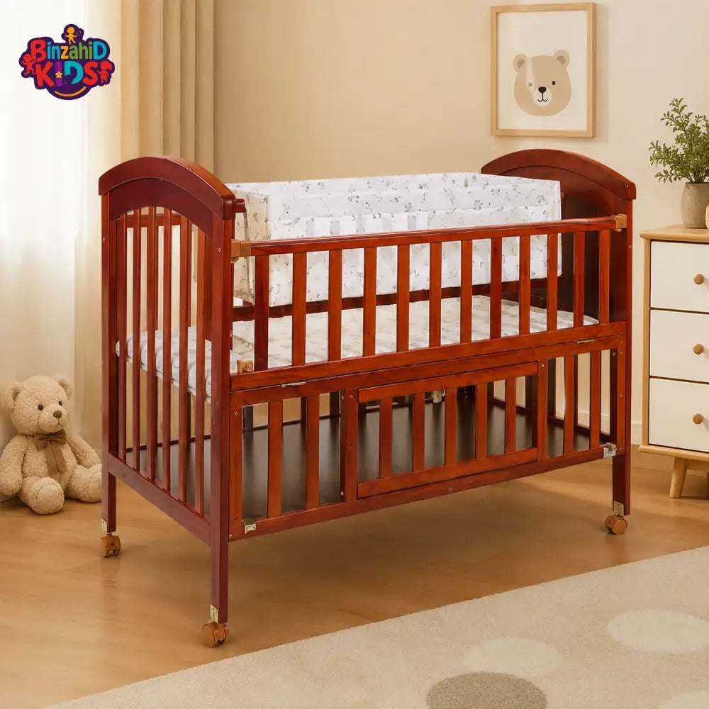 TINNIES WOODEN BABY COT WITH STORAGE – BROWN