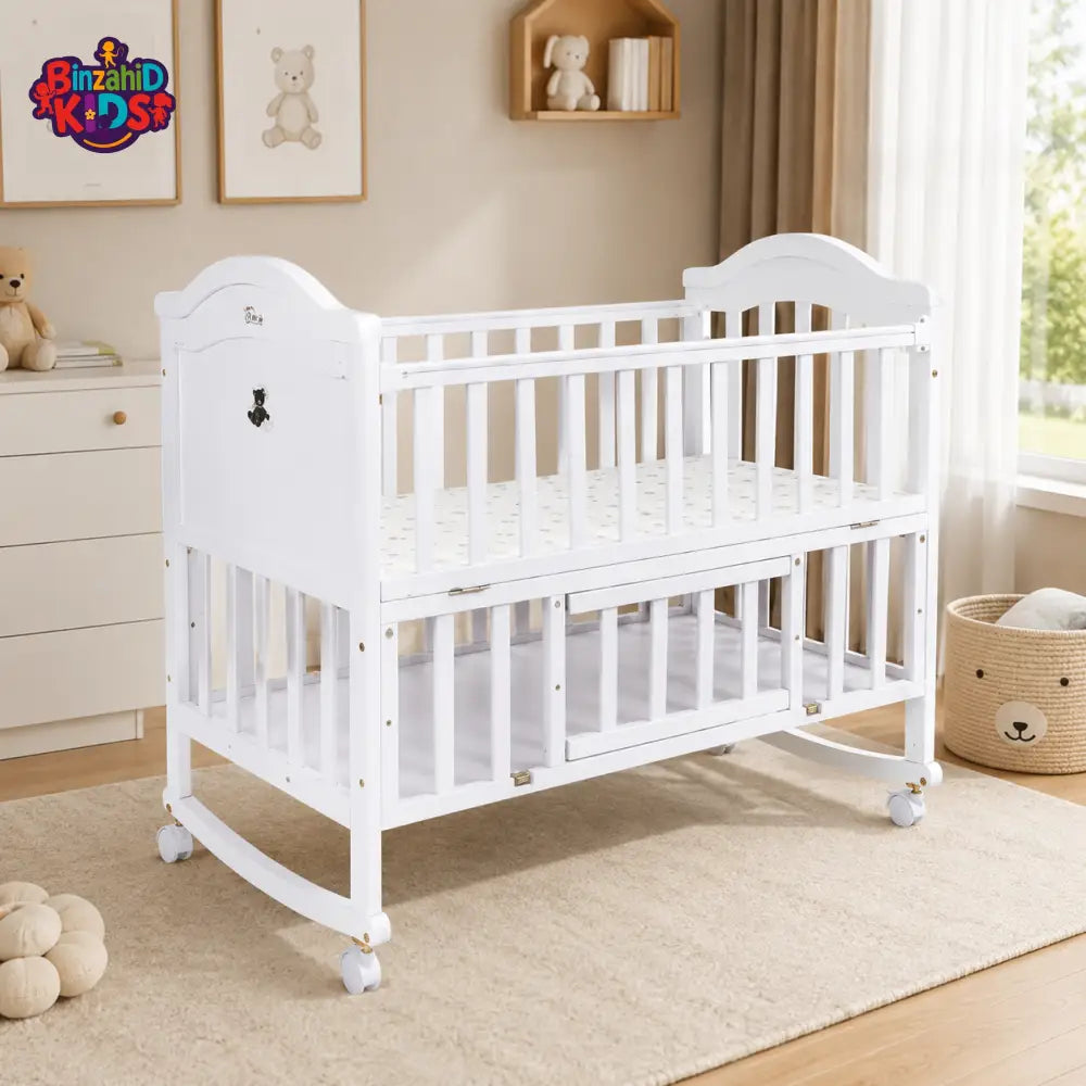 TINNIES WOODEN BABY COT WITH STORAGE – WHITE