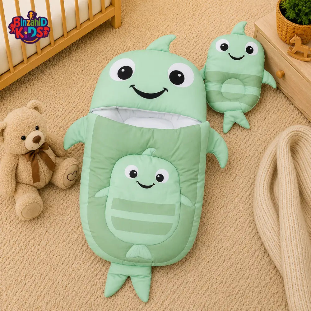WHALE DESIGN COTTON POLYESTER BABY SLEEPING BAG WITH MATCHING PILLOW - GREEN