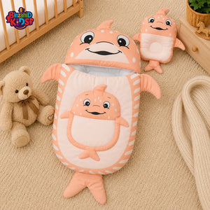 WHALE DESIGN COTTON POLYESTER BABY SLEEPING BAG WITH MATCHING PILLOW - ORANGE