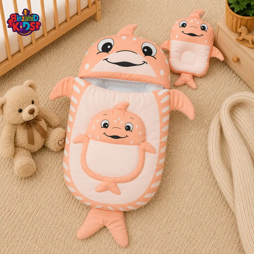 WHALE DESIGN COTTON POLYESTER BABY SLEEPING BAG WITH MATCHING PILLOW - ORANGE