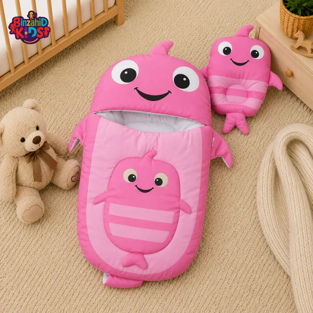 WHALE DESIGN COTTON POLYESTER BABY SLEEPING BAG WITH MATCHING PILLOW - PINK
