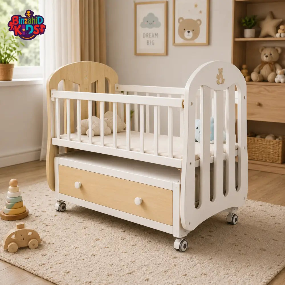 WOODEN BABY CRIB WITH STORAGE DRAWER