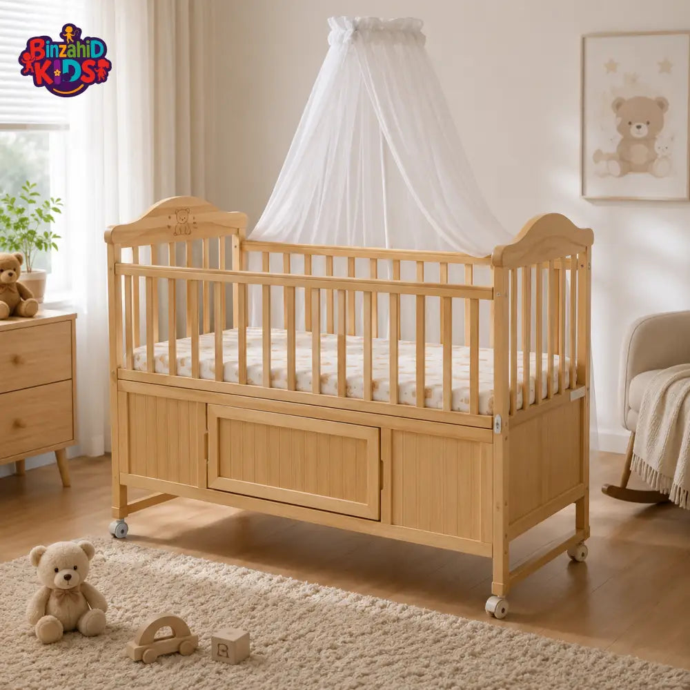 WOODEN BABY CRIB WITH STORAGE PANEL AND MOSQUITO NET - NATURAL